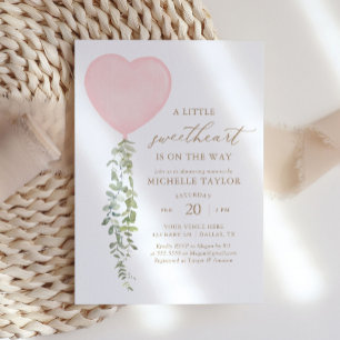 Pink Heart Balloon Eucalyptus Baby Shower Invitation