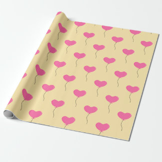 Pink heart balloons on yellow background wrapping paper
