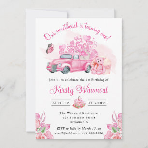 Pink Heart Balloons Valentine's Truck 1st Birthday Invitation