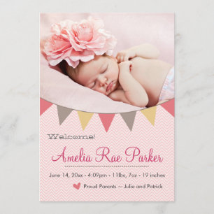 Pink Heart & Banner - New Baby Birth Announcement