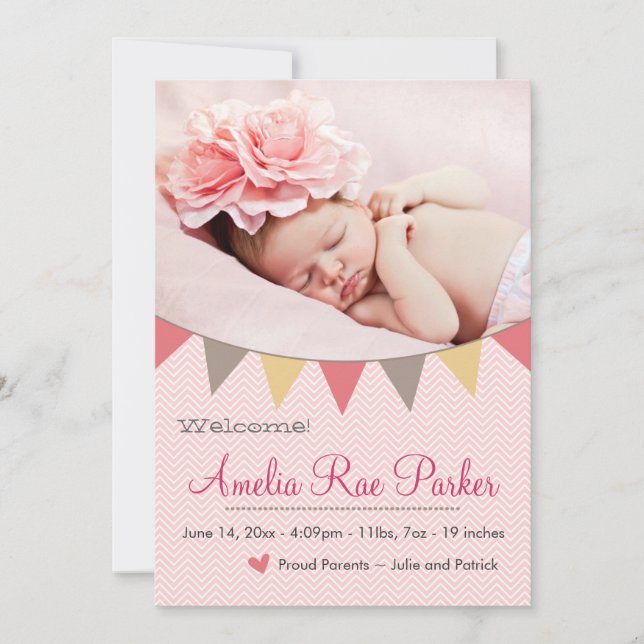 Pink Heart & Banner - New Baby Birth Announcement (Front)