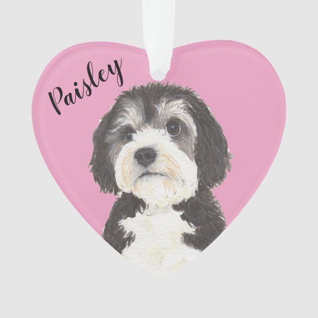 Pink Heart Bernedoodle Sheepadoodle Ornament (Front)