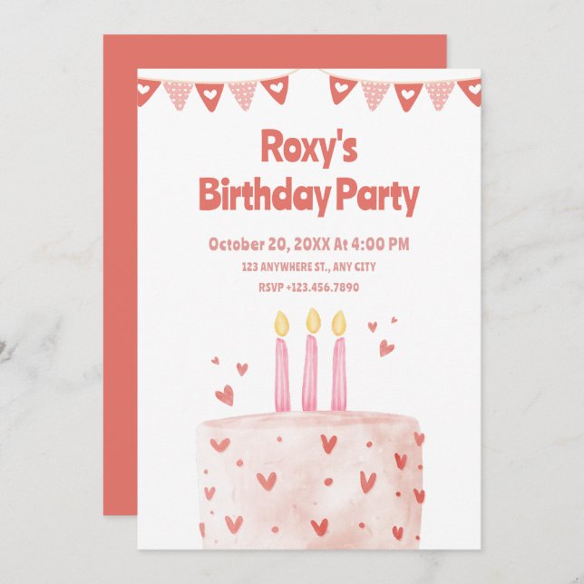 Pink heart Birthday cake  Invitation (Front/Back)