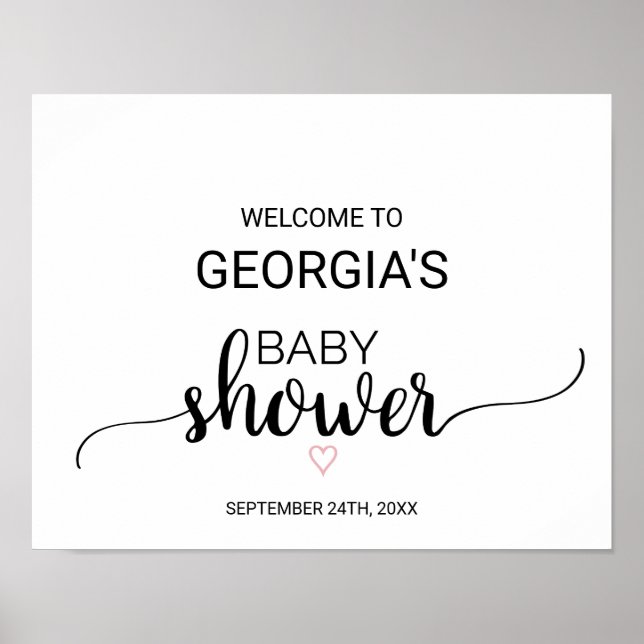 Pink Heart | Black Calligraphy Baby Shower Welcome Poster (Front)