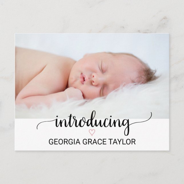 Pink Heart | Black Calligraphy Birth Announcement (Front)