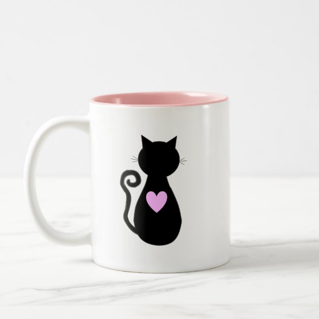 Pink Heart & Black Cat  Two-Tone Coffee Mug (Left)