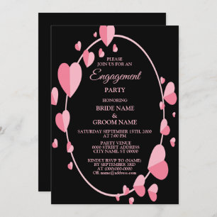 Pink Heart Black Geometric Engagement Party Invitation