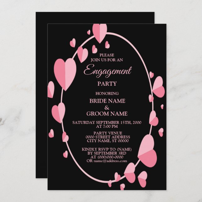 Pink Heart Black Geometric Engagement Party Invitation (Front/Back)