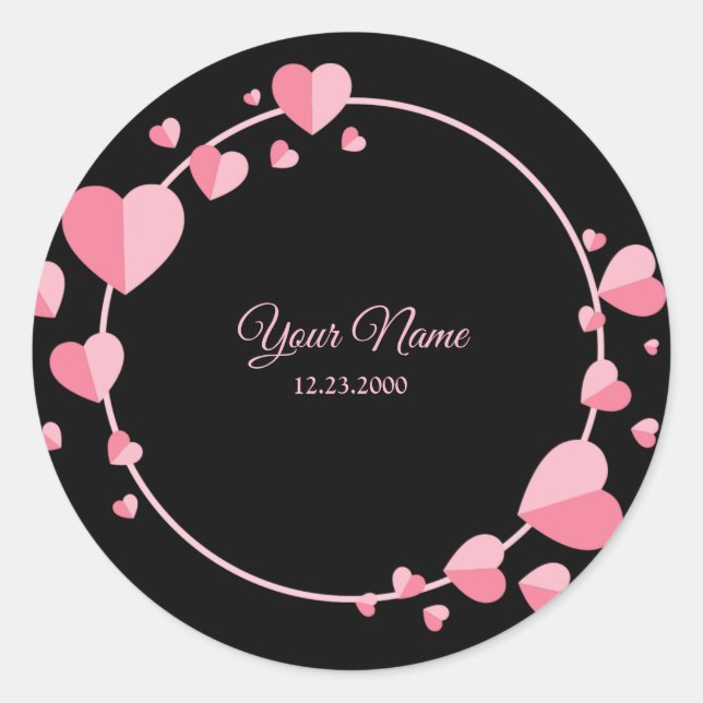 Pink Heart Black Geometric Wedding Party Elegant C Classic Round Sticker (Front)