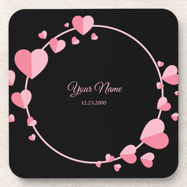 Pink Heart Black Geometric Wedding Party Elegant Coaster (Front)
