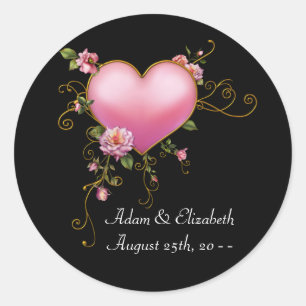 Pink Heart Black Wedding Favour Label Stickers