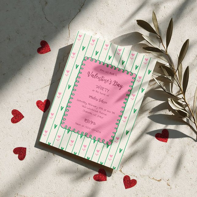 Pink Heart Blooms & Green Heart - Modern Valentine Invitation (Creator Uploaded)