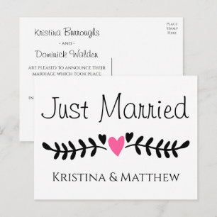Pink Heart Boho Black White Just Married Wedding Announcement Postcard