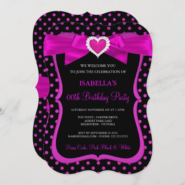 Pink Heart Bow Black Polka Dots Birthday Party Invitation (Front/Back)