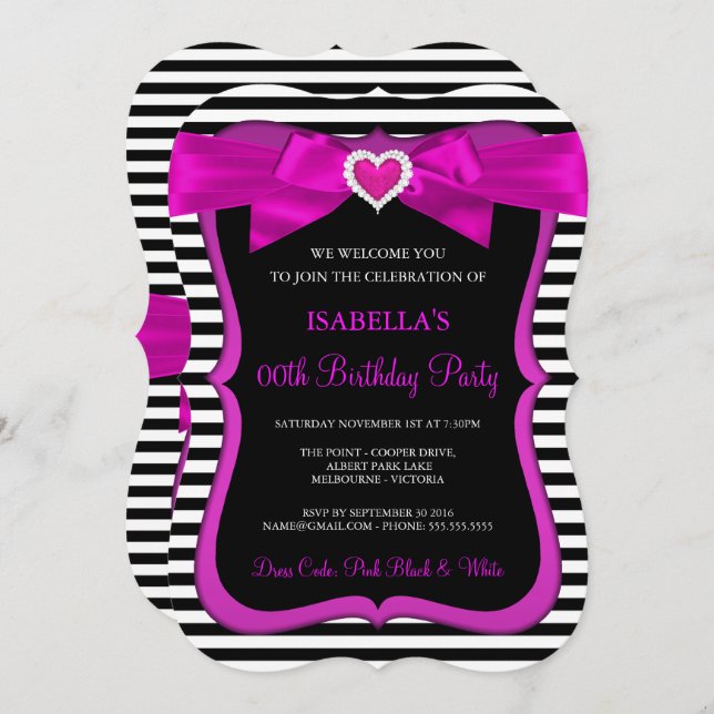 Pink Heart Bow Black White Stripe Birthday Party Invitation (Front/Back)