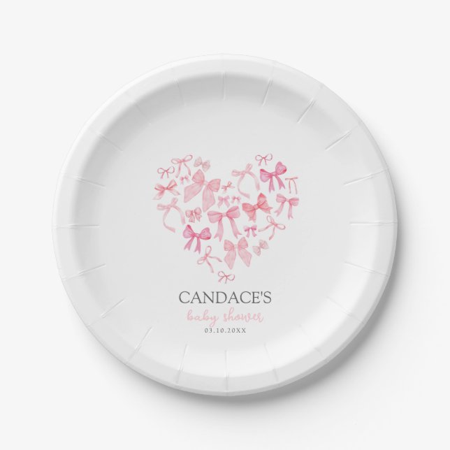 Pink Heart Bow Custom Baby Shower celebration  Paper Plate (Front)