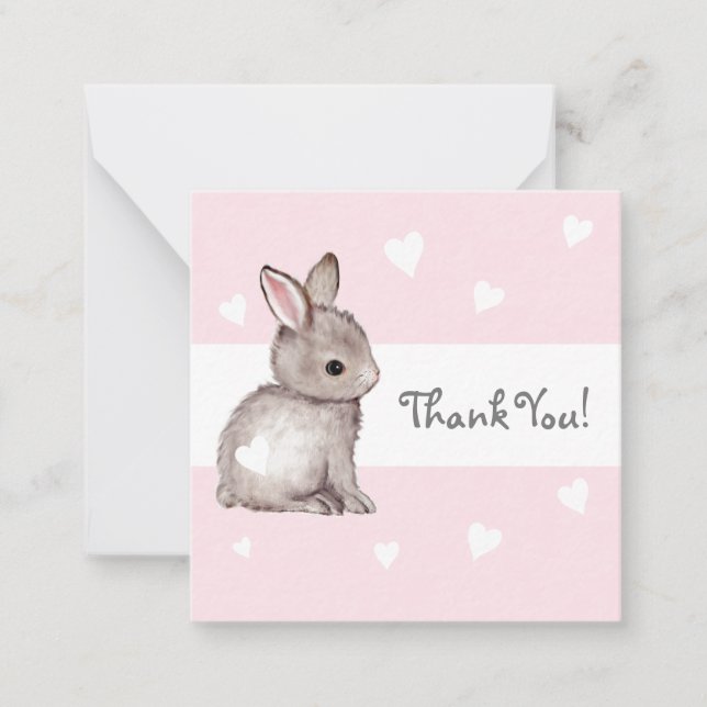 Pink Heart Bunny Baby Shower Thank You Notecards (Front)