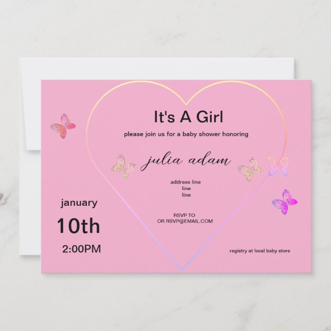 Pink Heart Butterfly girl baby shower Invitation (Front)