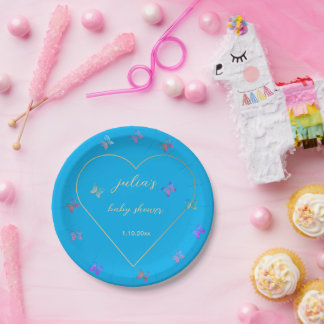 Pink Heart Butterfly girl baby shower Paper Plate