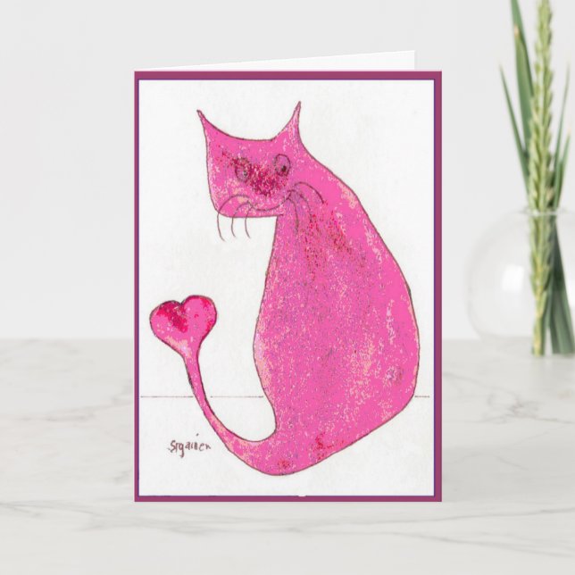 Pink Heart Cat Valentine Card (Front)