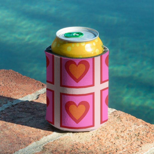 Pink Heart Chequerboard Retro Checks  Can Cooler (In Situ Pool)
