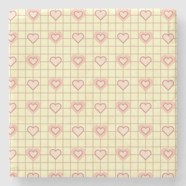Pink Heart Chequered Pattern Valentine's Day Stone Coaster (Front)