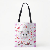 Pink Heart Confetti White Kitten Tote Bag