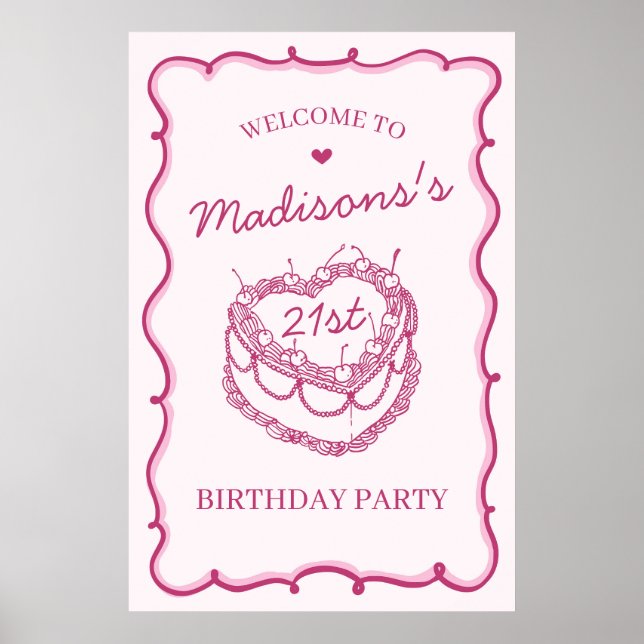 Pink Heart Coquette Cherry Cake Birthday Welcome Poster (Front)
