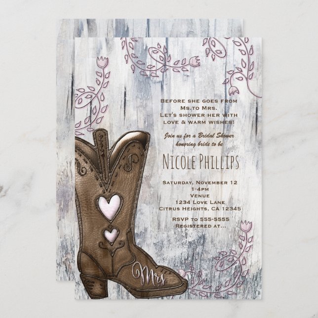Pink Heart Cowgirl MRS Cowgirl Boots Bridal Shower Invitation (Front/Back)