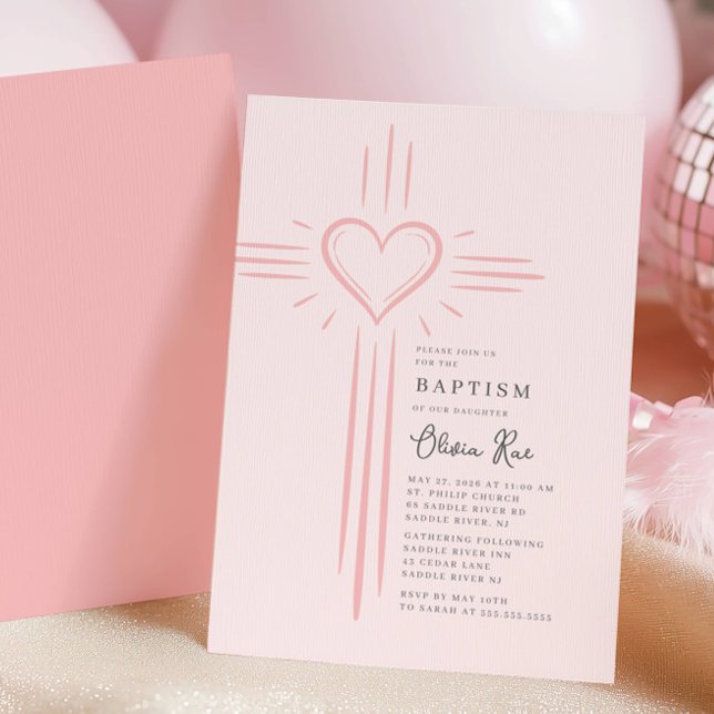 Pink Heart Cross Baptism Invitation (Creator Uploaded)