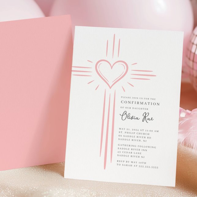 Pink Heart Cross Confirmation Invitation (Creator Uploaded)