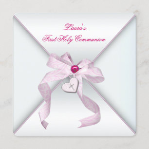 Pink Heart Cross Girls Pink First Communion Invitation