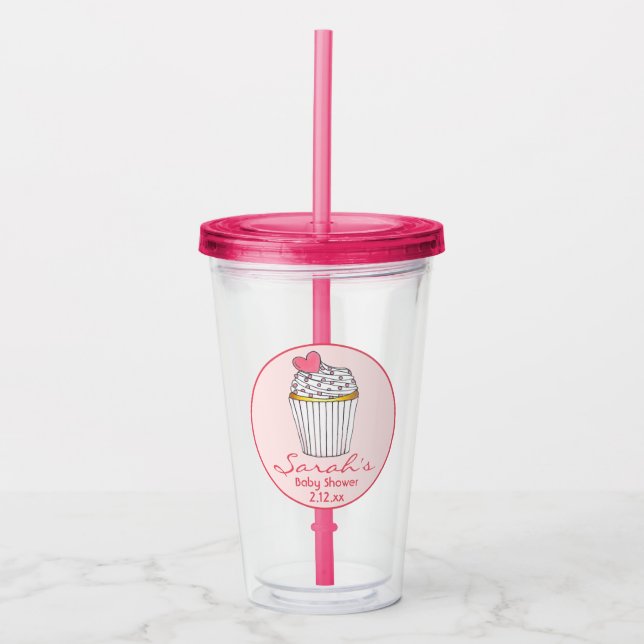 Pink Heart Cupcake Bridal Baby Shower Favour Acrylic Tumbler (Front)
