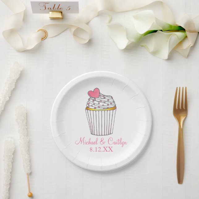 Pink Heart Cupcake Bridal Baby Shower Wedding Paper Plate (Wedding)
