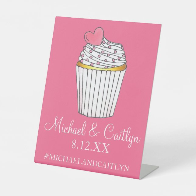 Pink Heart Cupcake Bridal Baby Shower Wedding Pedestal Sign (Front)