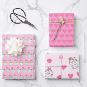 Pink Heart Cupcake Cake Frosting Polka Dots Wrapping Paper Sheet