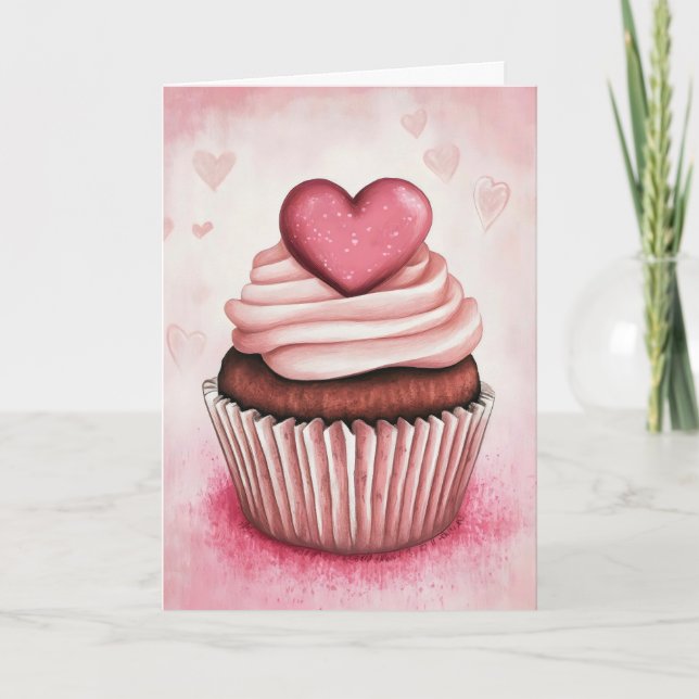 Pink Heart Cupcake Holiday Card (Front)
