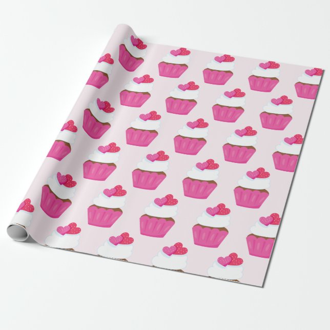 Pink Heart Cupcake Valentine's Day Gift Wrapping Paper (Unrolled)