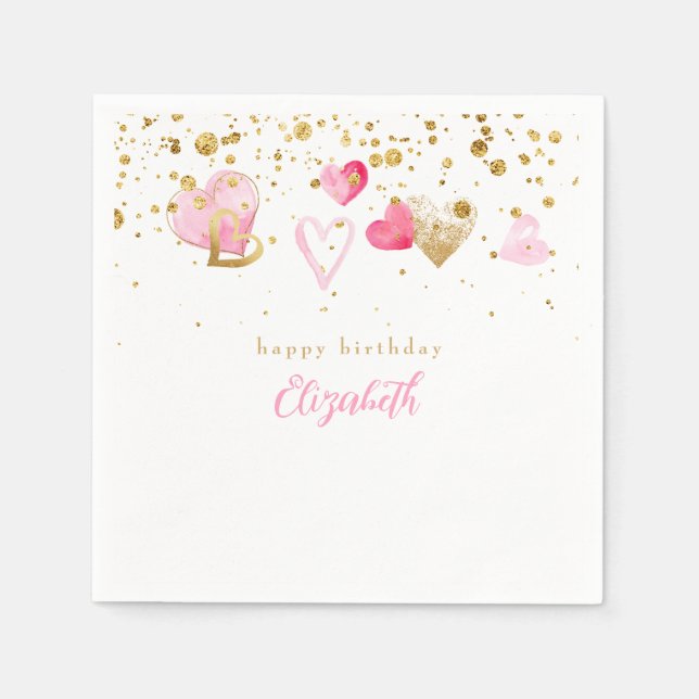 Pink Heart Custom Heart Birthday Cocktail Napkin (Front)