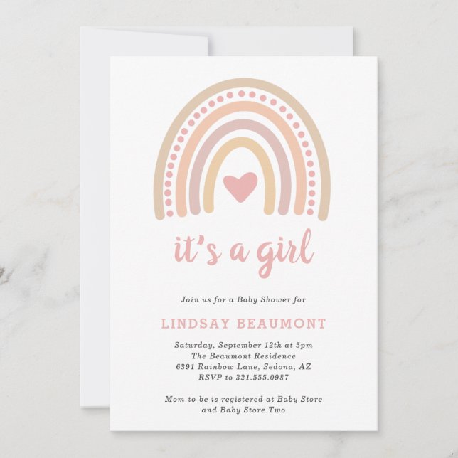 Pink Heart Cute Girl Boho Rainbow Baby Shower Invitation (Front)