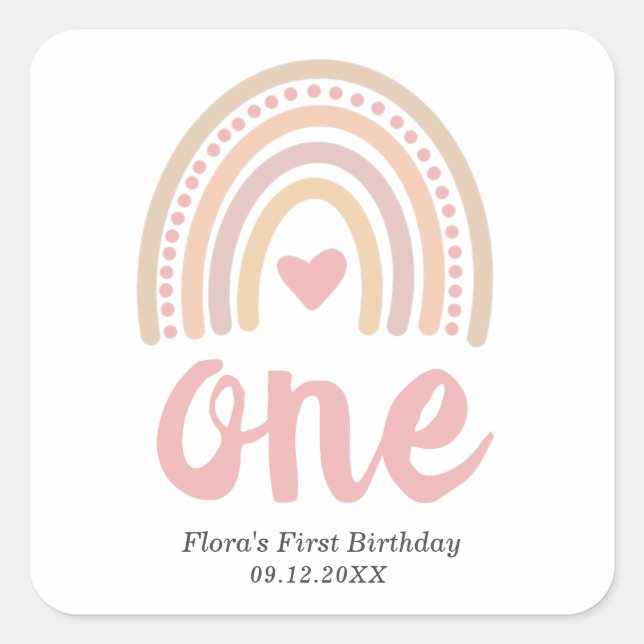 Pink Heart Cute Girl Boho Rainbow First Birthday Square Sticker (Front)