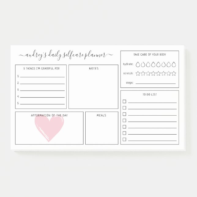 Pink Heart Daily Self Care Planner Post-it Notes (Front)
