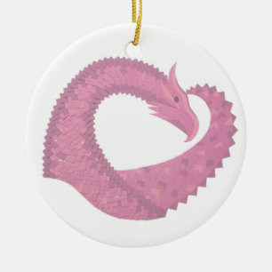 Pink heart dragon on white ceramic ornament
