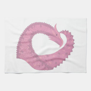 Pink heart dragon on white tea towel