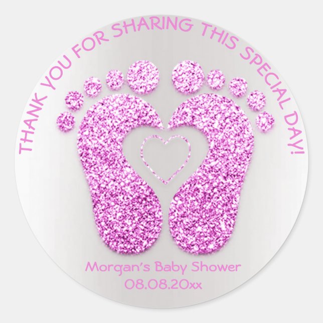 Pink Heart Feet Baby Shower Favour Thank Glitter Classic Round Sticker (Front)