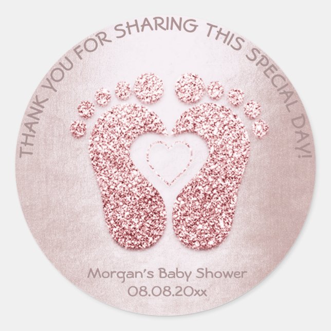 Pink Heart Feet Baby Shower Glitter Thank Grey Ros Classic Round Sticker (Front)
