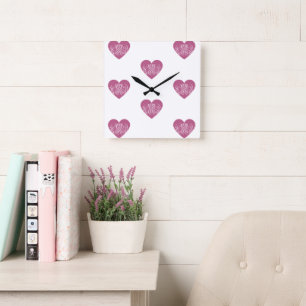 Pink Heart Filigree Design Pretty Filigree Square Wall Clock