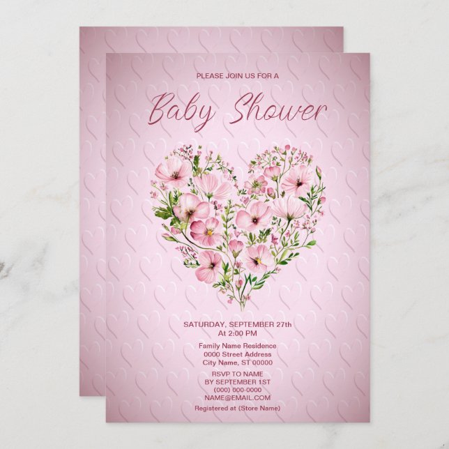 Pink Heart Floral Baby Shower Invitation (Front/Back)