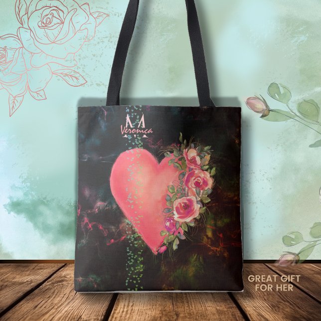  Pink Heart floral monogram Tote Bag (Pink Heart floral Tote Bag)