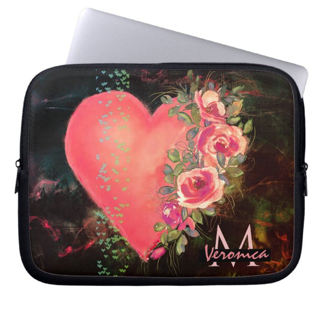  Pink Heart floral Monogrammed laptop sleeve (Front)